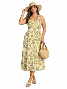 NWT Lucy Paris Plus Green Tropical Leaf Halter Midi Dress 2X Linen Cotton